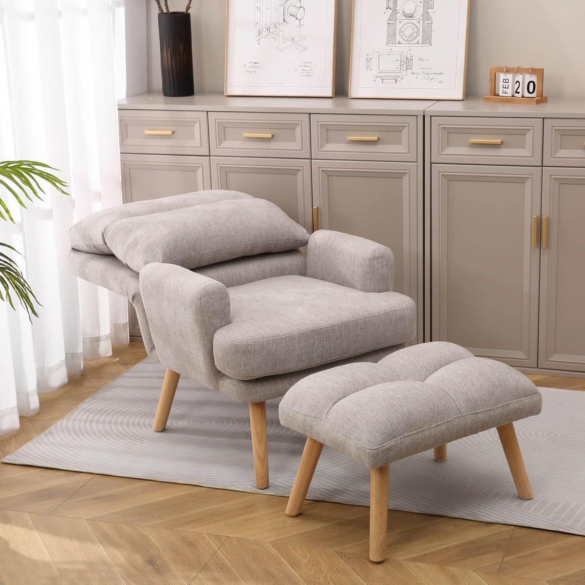 Decorative Chair Set with Footstool, Adjustable Backrest, Wooden Legs A840