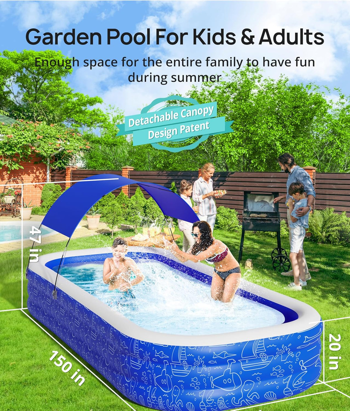 Blue Inflatable Pool with Canopy, 150” x 70” x 20” I55258