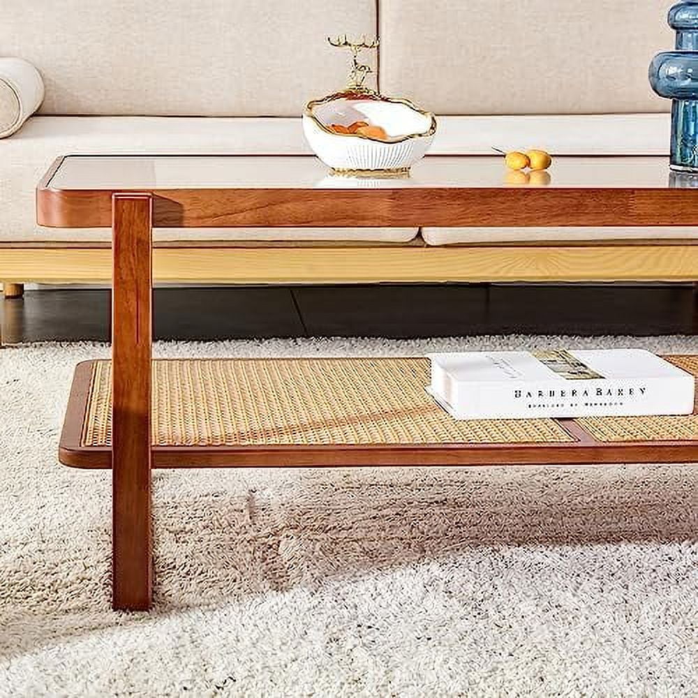 Rattan Woven Glass Desktop Round Double-Layer Solid Wood Coffee Table Z12080