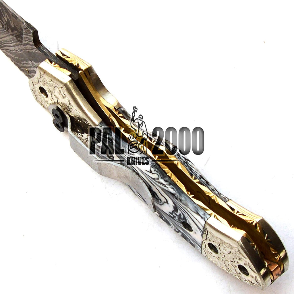 Handmade Damascus Steel Folding Pocket Hunting Knife with Sheath D53421