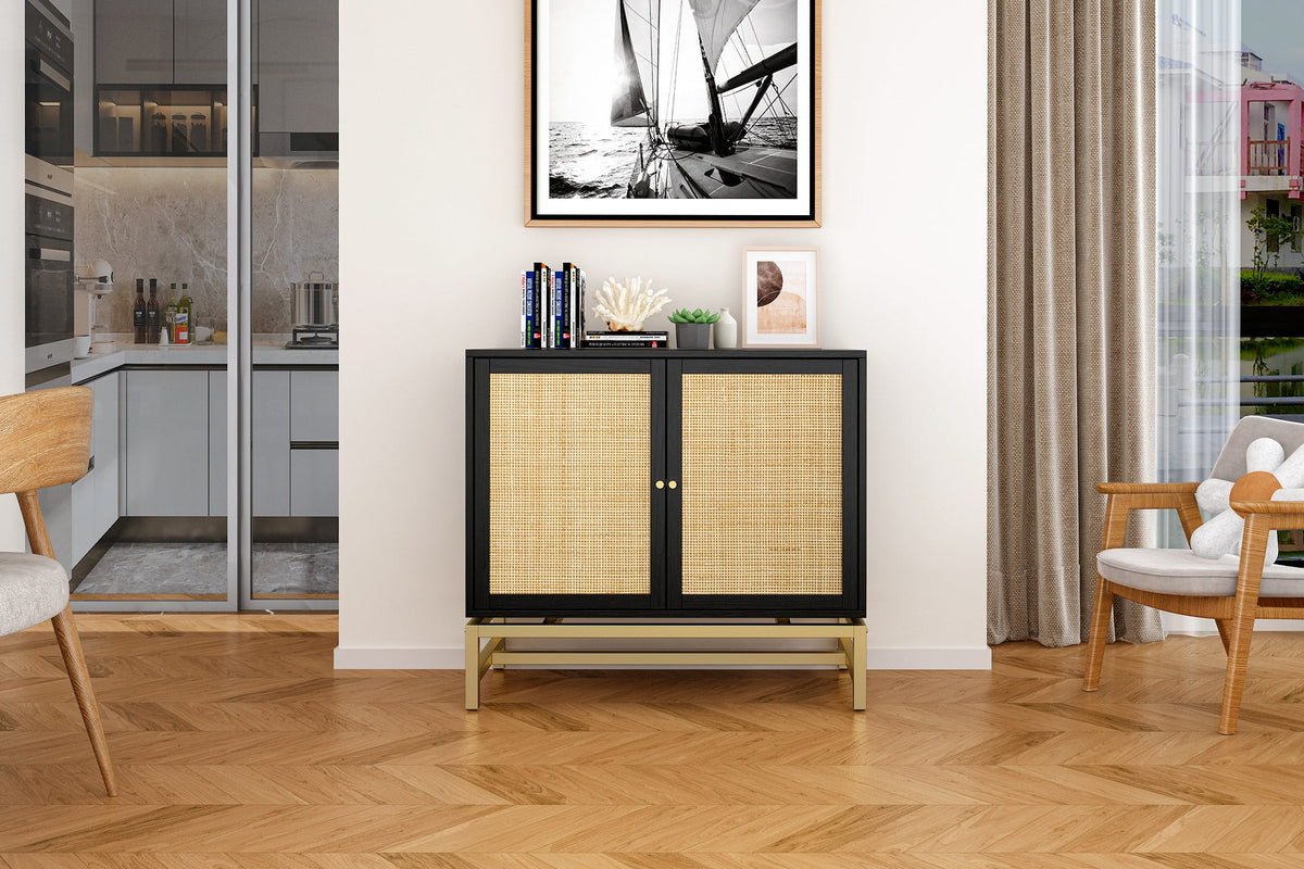 Black Set of 2 Rattan 2 Door Cabinet Q733369