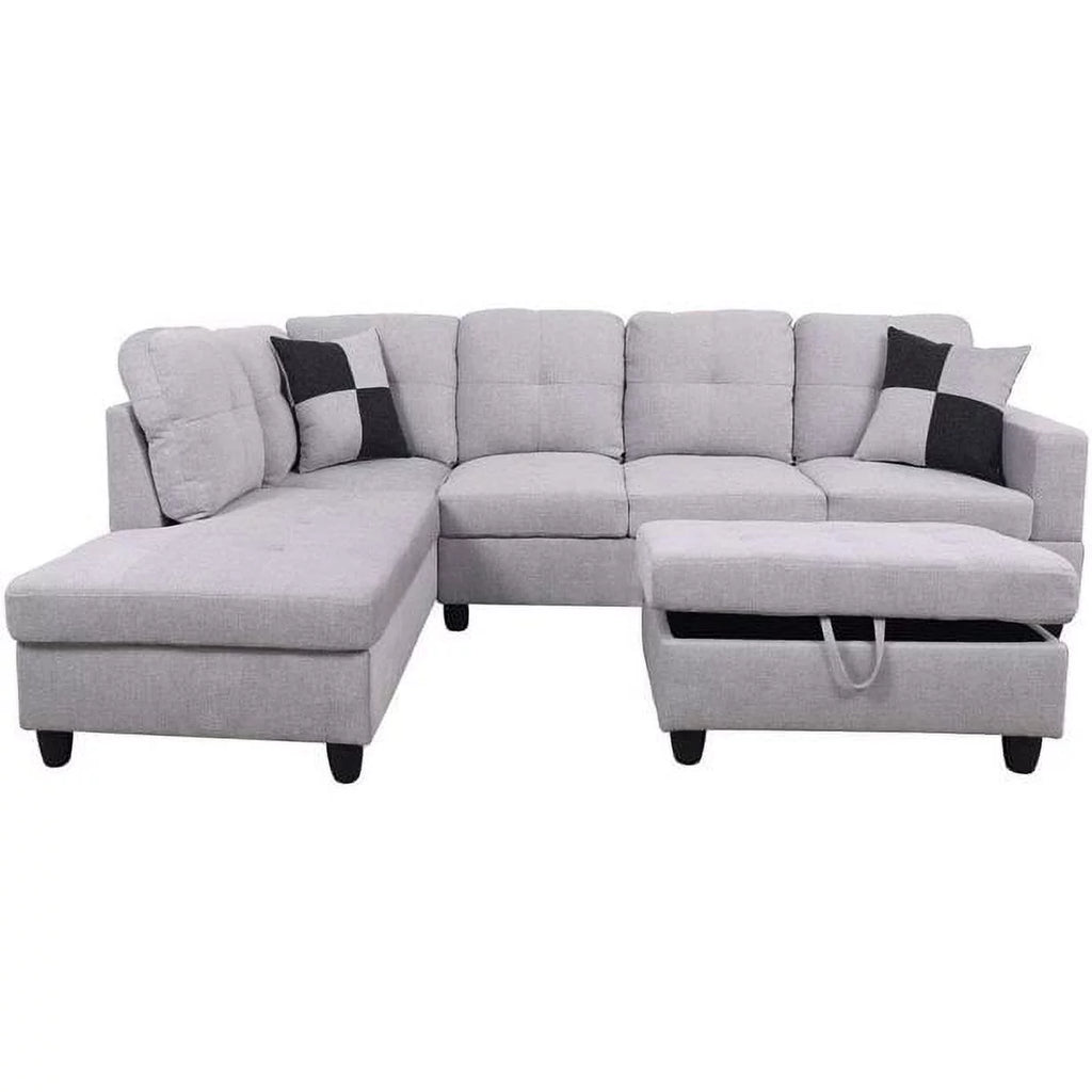 Grey White Left Hand Facing Sofa & Chaise with Ottoman U8818