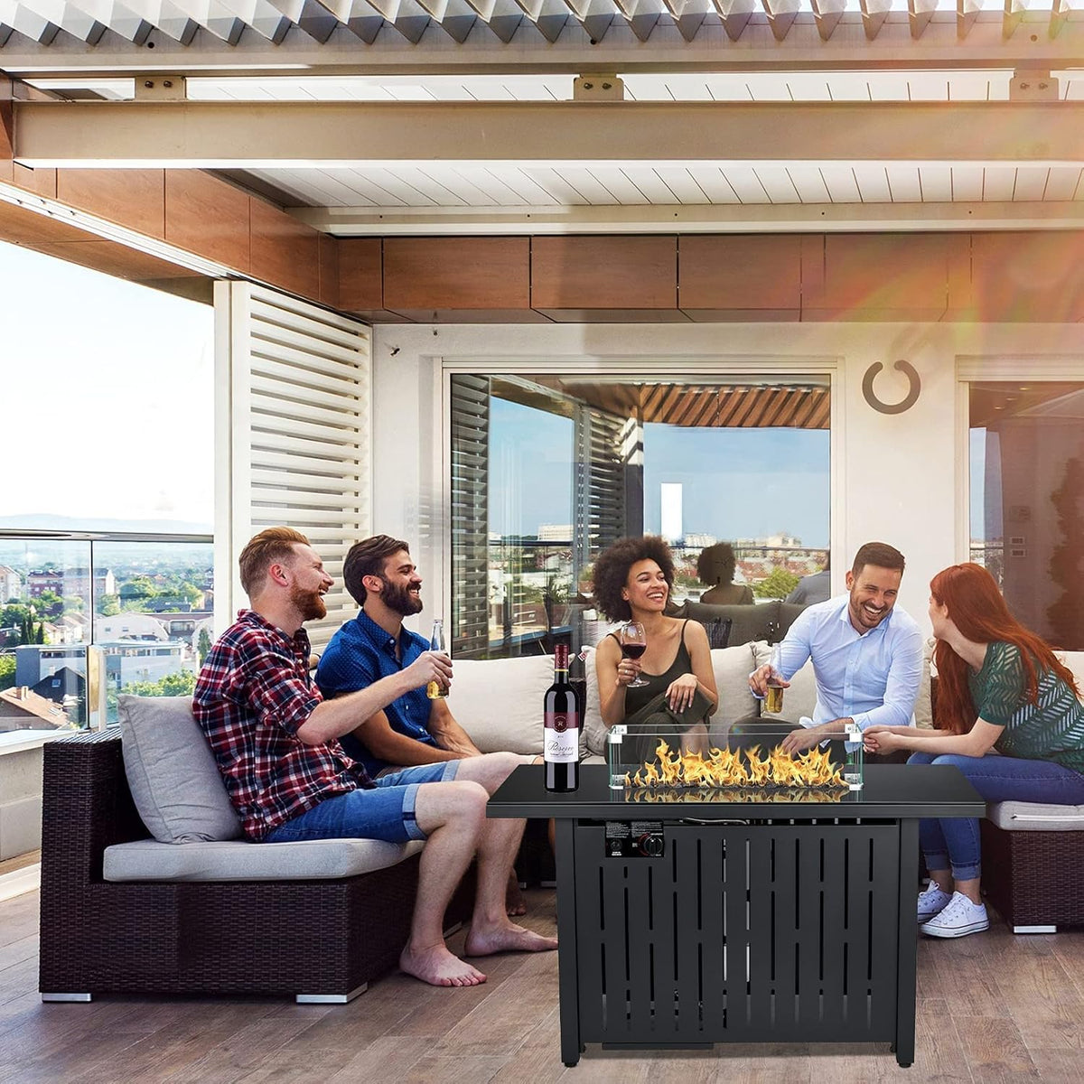 43 Inch 50,000 BTU Propane Gas Fire Pit Table with Glass Wind Guard O90496