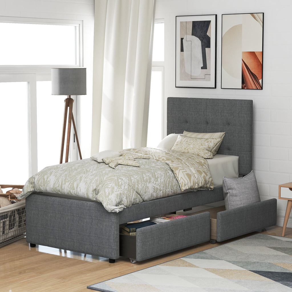 Gray Upholstered Twin Size Platform Bed with 2 Storage Drawers K3529