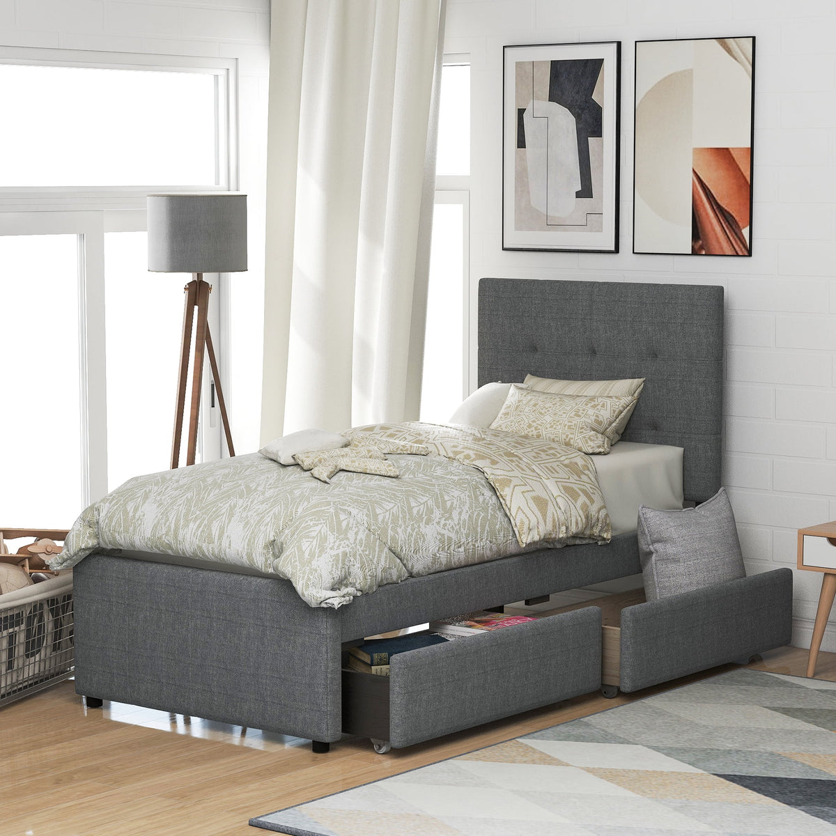 Gray Upholstered Twin Size Platform Bed with 2 Storage Drawers K3529
