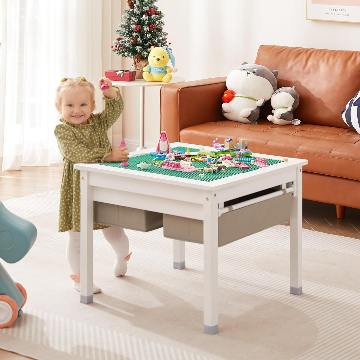 White Wooden Kids Table with Storage Drawers H753545