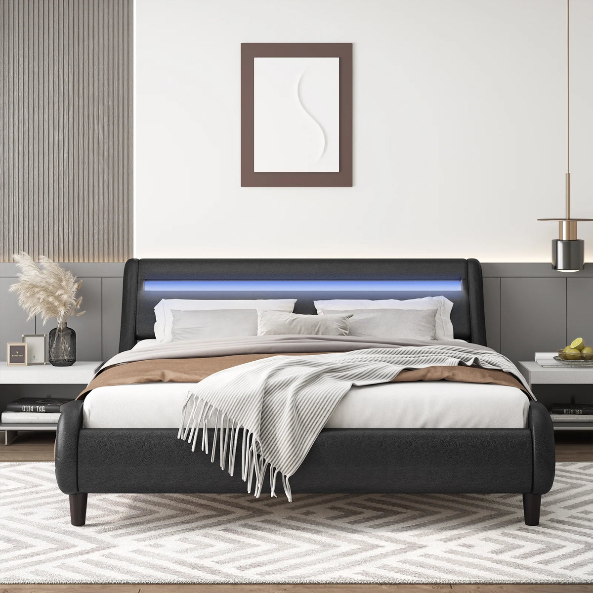 Queen Size Black PU Upholstered Platform Bed Frame with Adjustable Headboard K5052