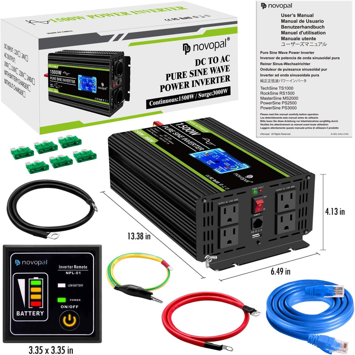 1500 watt Pure Sine Wave Power Inverter 12V to 110V/120V 4 AC Outlets Y328464