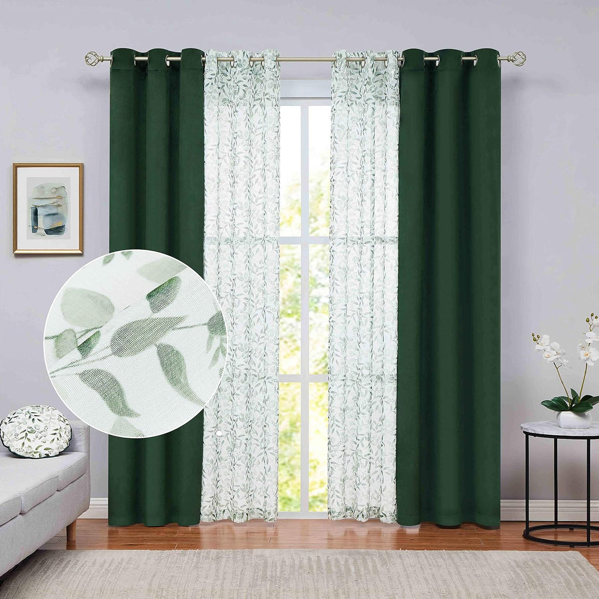 Grey Velvet Floral Sheer Curtains 63 inch 4 Pieces Set N130