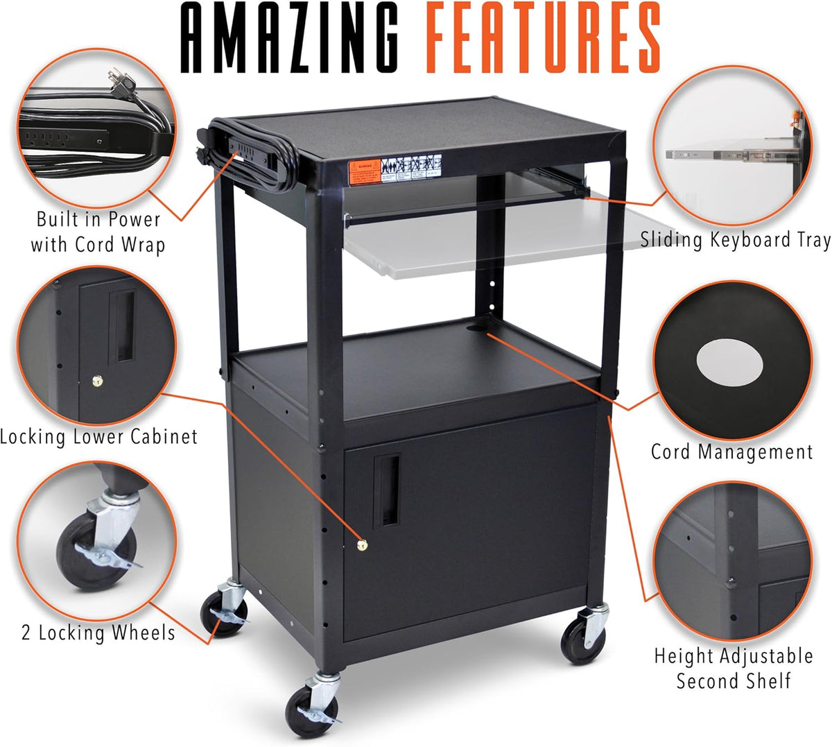 Black Height Adjustable Utility Cart with Locking Cabinet P853