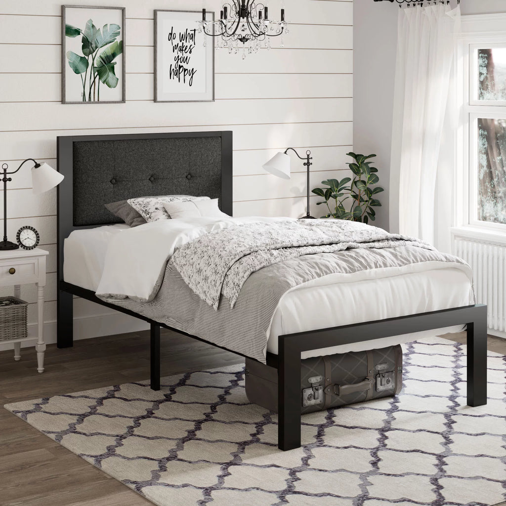 Twin Size Dark Grey Metal Platform Bed with Upholstered Headboard F466