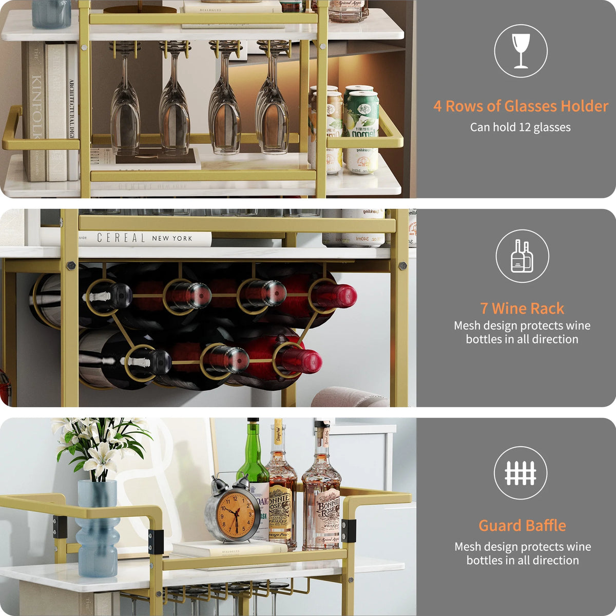 Golden 3-Tier Bar Cart with Wine Rack and Glass Cup Storage H53428