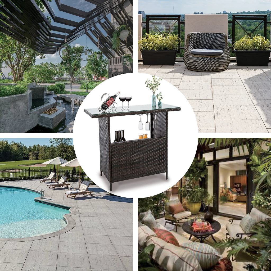 Outdoor Patio Rattan Wicker Bar Counter Table Tempered Glass Tabletop N1147