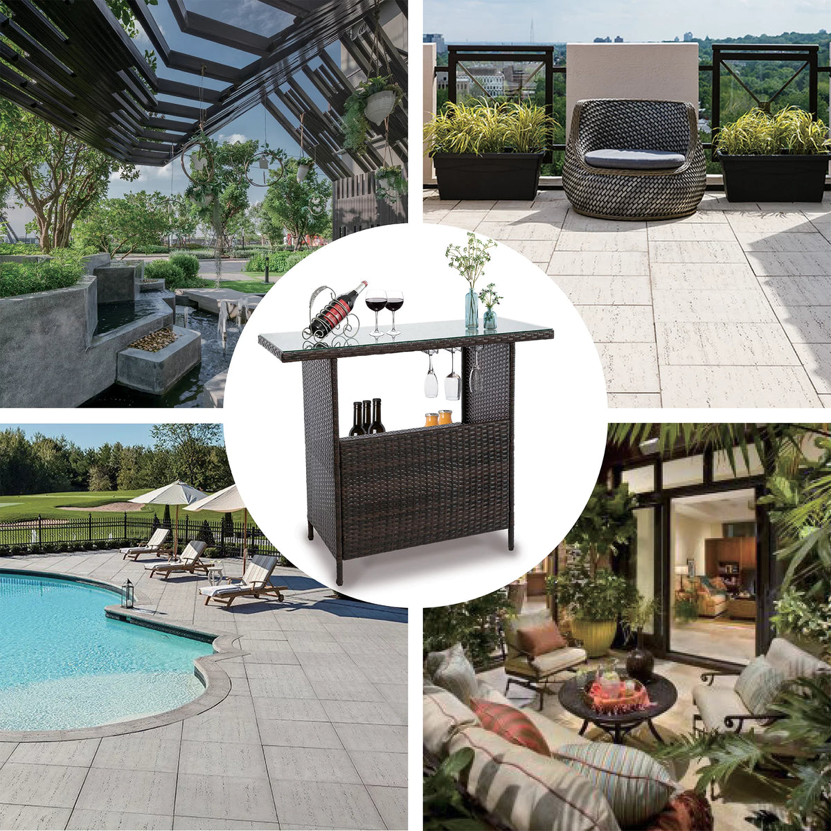 Outdoor Patio Rattan Wicker Bar Counter Table Tempered Glass Tabletop N1147