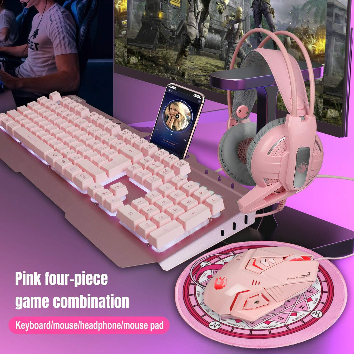 Pink 4-in-1 Gaming Keyboard Mouse Headset Combo, White Led Backlit 104 Keys Ergonomic Gamer Keyboard, 4800DPI Optical Game Mouse, 3.5mm Stereo Headset A955