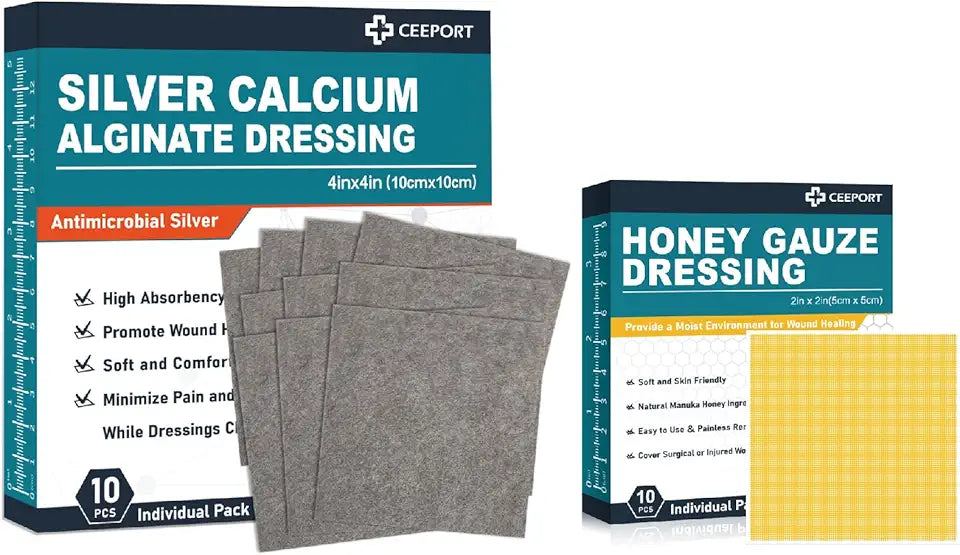 Silver Calcium Alginate Dressing 4''x4'' 10pcs + Manuka Honey Gauze Dressing 2" x 2" 10pcs F5701