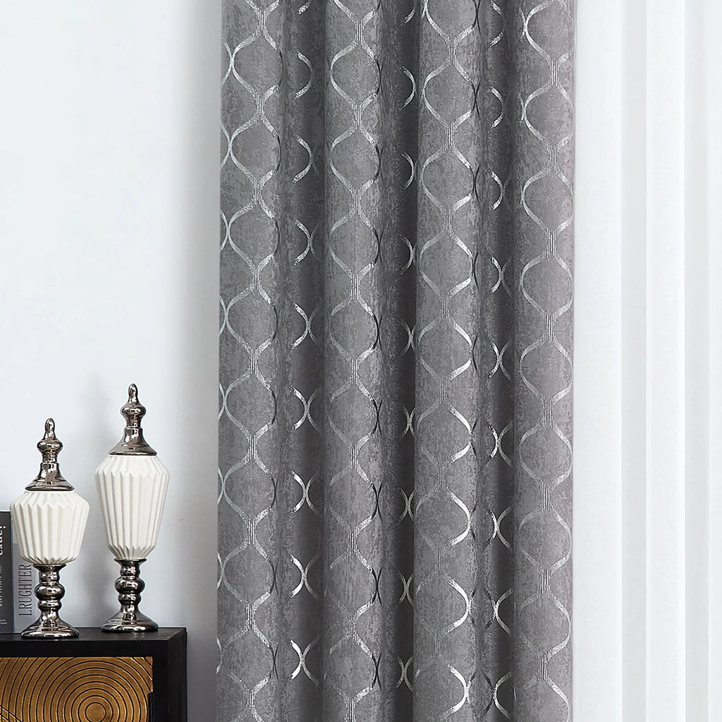 Grommet Blackout Curtain Silver Geometric Metallic, 52x63, Grey, 4 Panels H501
