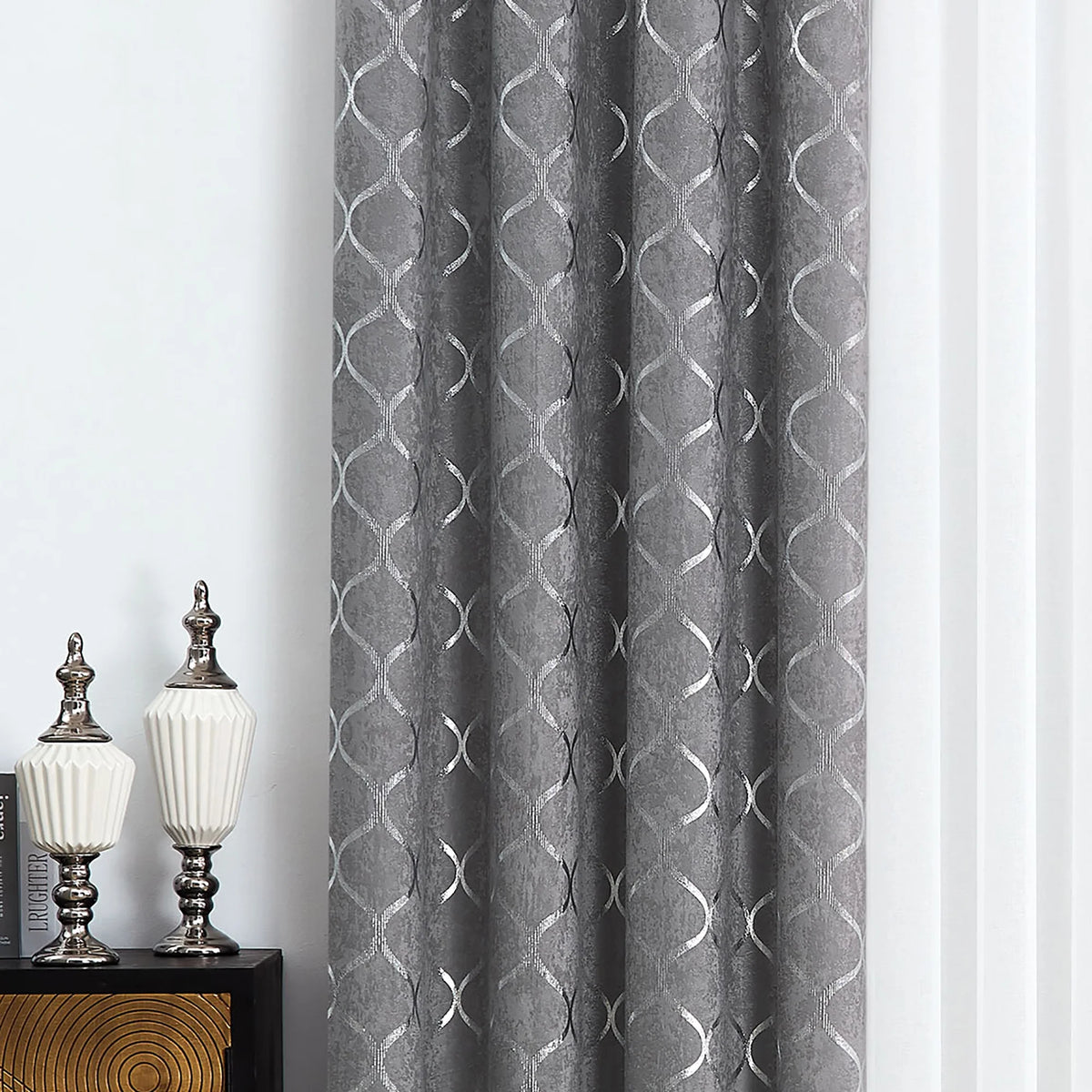 Grommet Blackout Curtain Silver Geometric Metallic, 52x63, Grey, 4 Panels H501