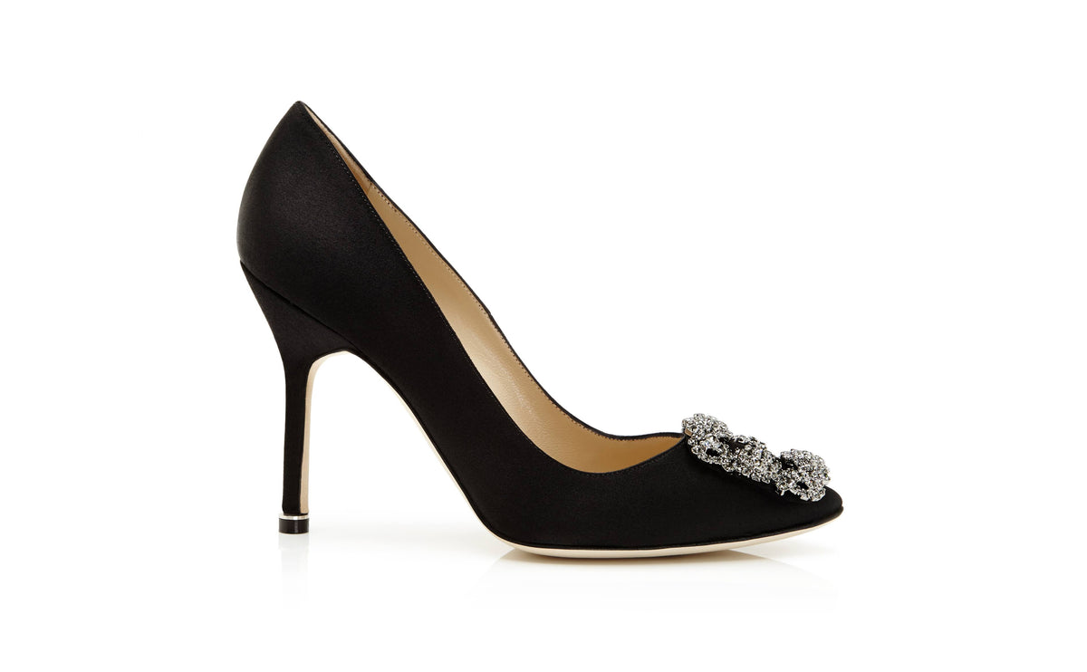 Black Satin Jewel Buckle Pumps A5957