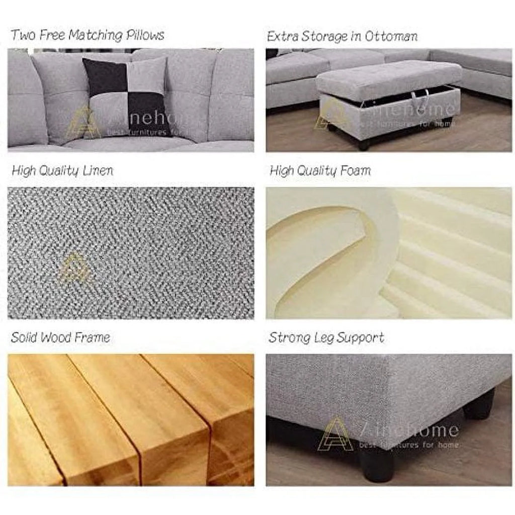 Grey White Left Hand Facing Sofa & Chaise with Ottoman U8818