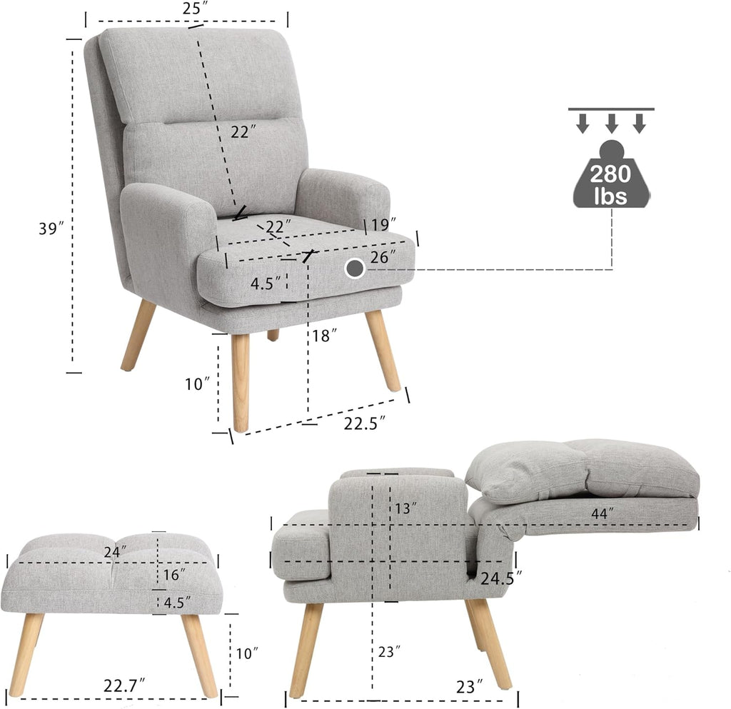 Decorative Chair Set with Footstool, Adjustable Backrest, Wooden Legs A840