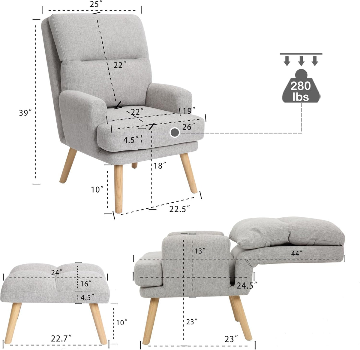 Decorative Chair Set with Footstool, Adjustable Backrest, Wooden Legs A840