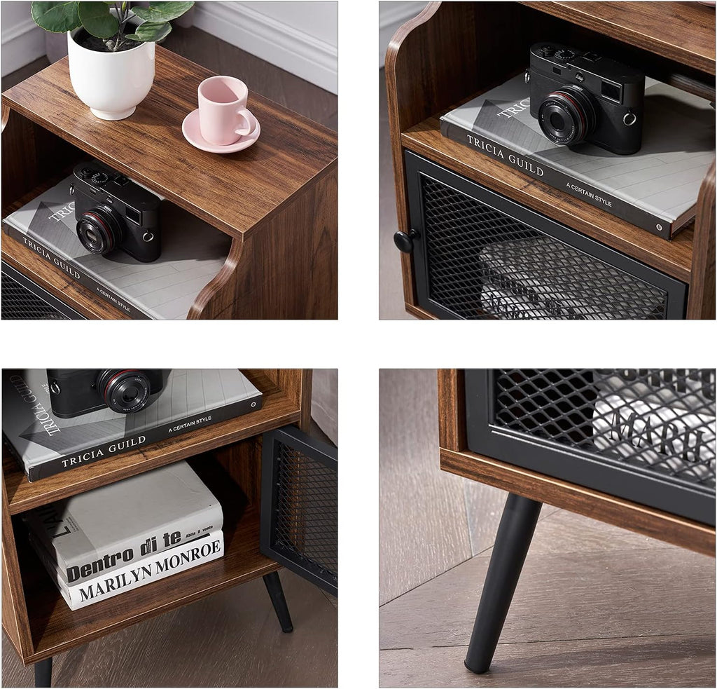 Brown Metal Nightstand with Storage Cabinet and Drawer Shelf D39494
