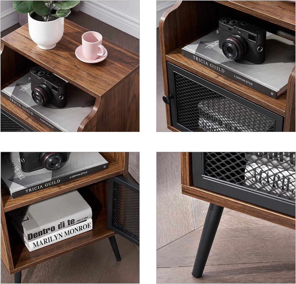 Brown Metal Nightstand with Storage Cabinet and Drawer Shelf D39494