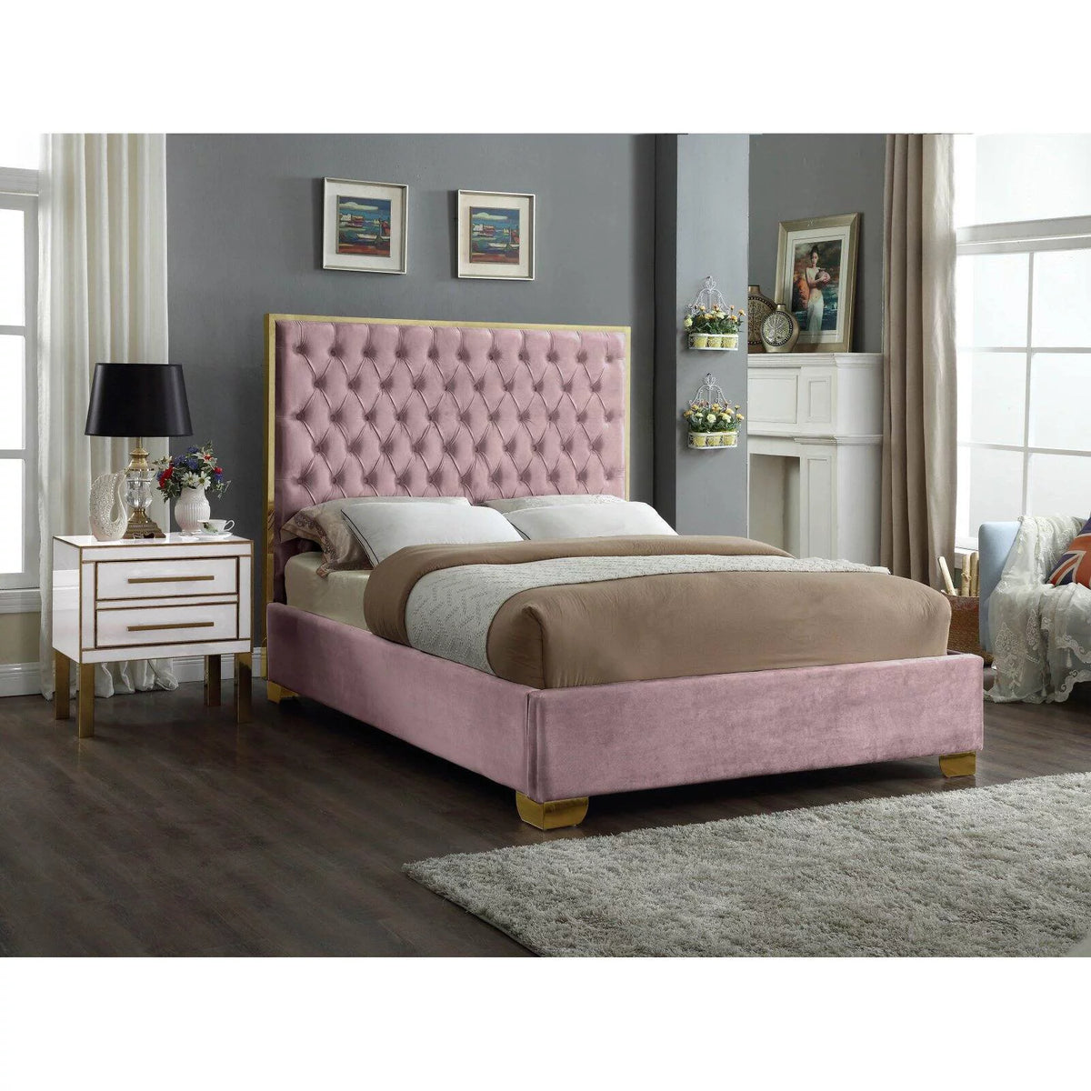 Solid Wood and Velvet King Bed in Navy Z978