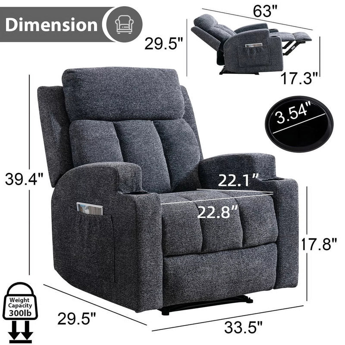 Manual Massage Recliner Chair with Heat, Side Pockets and Cup Holders, Overstuffed Breathable Fabric Reclining Chair, Single Sofa B468694
