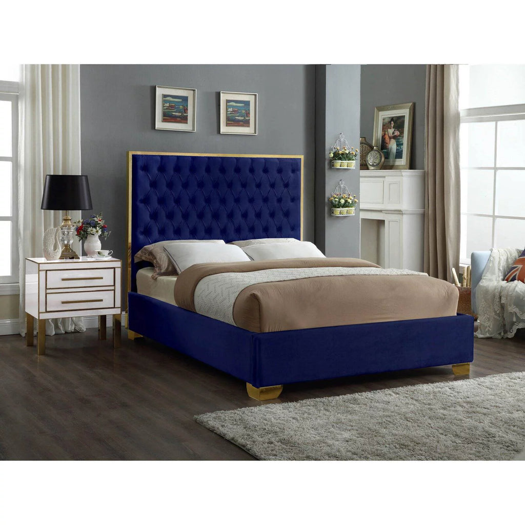 Solid Wood and Velvet King Bed in Navy Z978