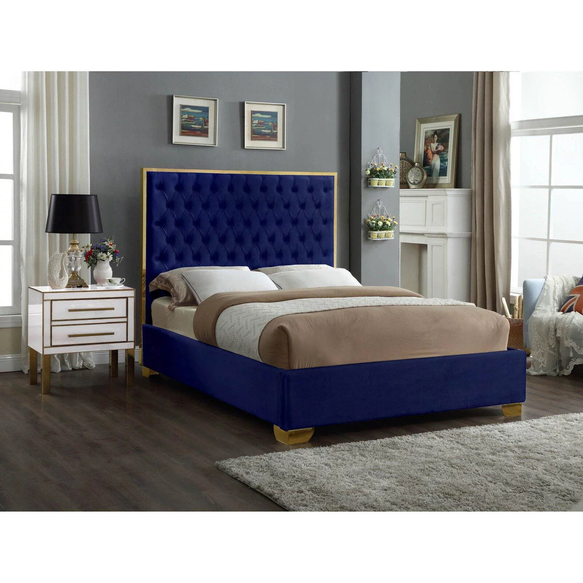 Solid Wood and Velvet King Bed in Navy Z978