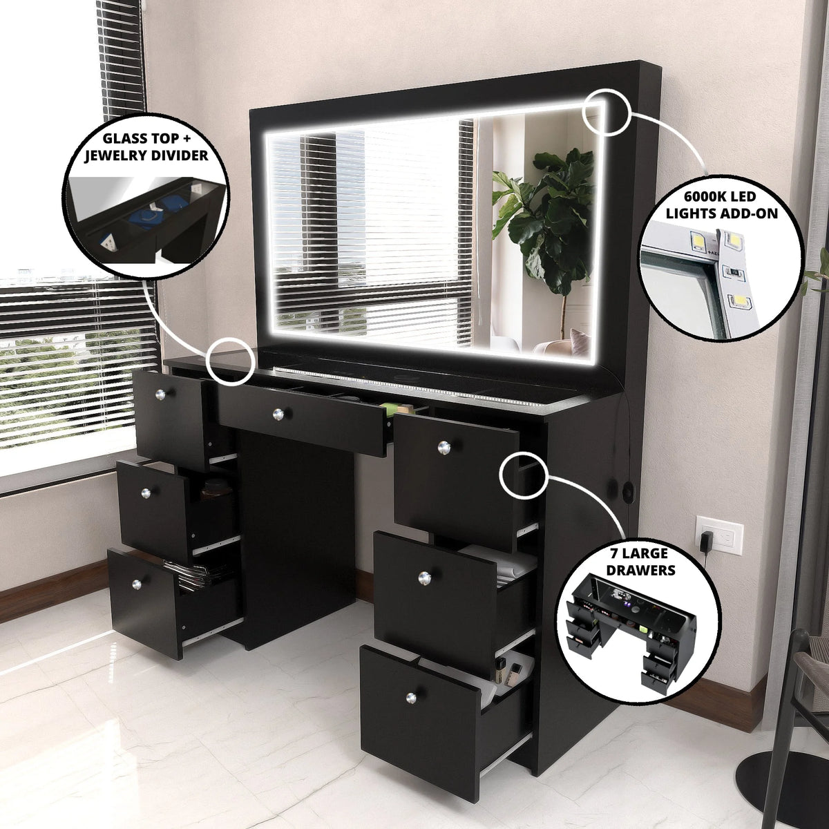 Modern Black Vanity Desk with LED Lights, 7 Drawers, Mirror X575654