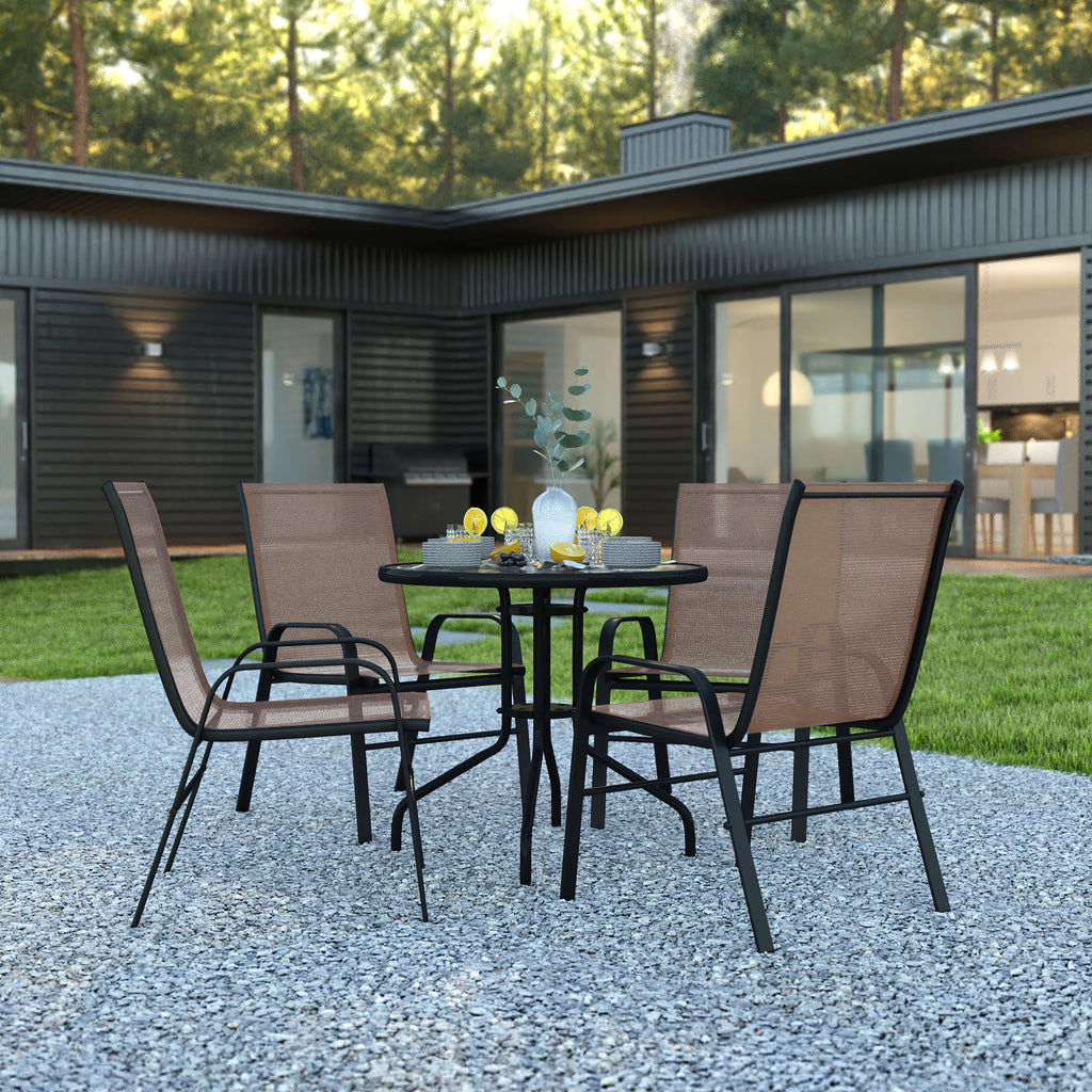 5 Piece Outdoor Patio Dining Set with 4 Brown Stack Chairs Z949649
