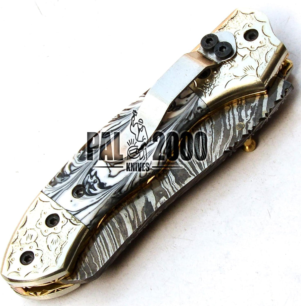 Handmade Damascus Steel Folding Pocket Hunting Knife with Sheath D53421