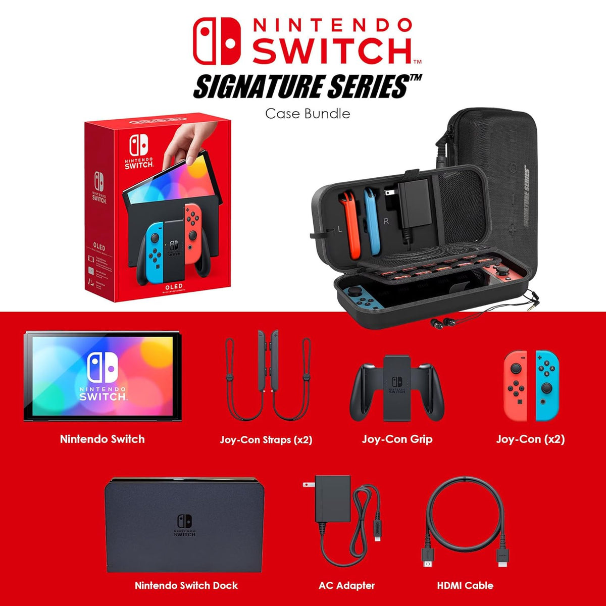 Nintendo Switch OLED Model (Neon Red/Blue) with Extra Joy-Con (Red/Blue), Dock, Joy-Con Grips and Straps, Portable Case and Earphones Z255515