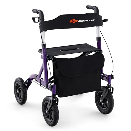 Foldable Rollator Walker with Seat, 9.5" All Terrain Pneumatic Wheel, Heavy Duty S5065