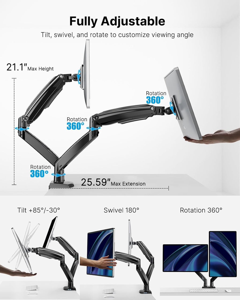 Dual Monitor Stand with USB, Height Adjustable, Black G359