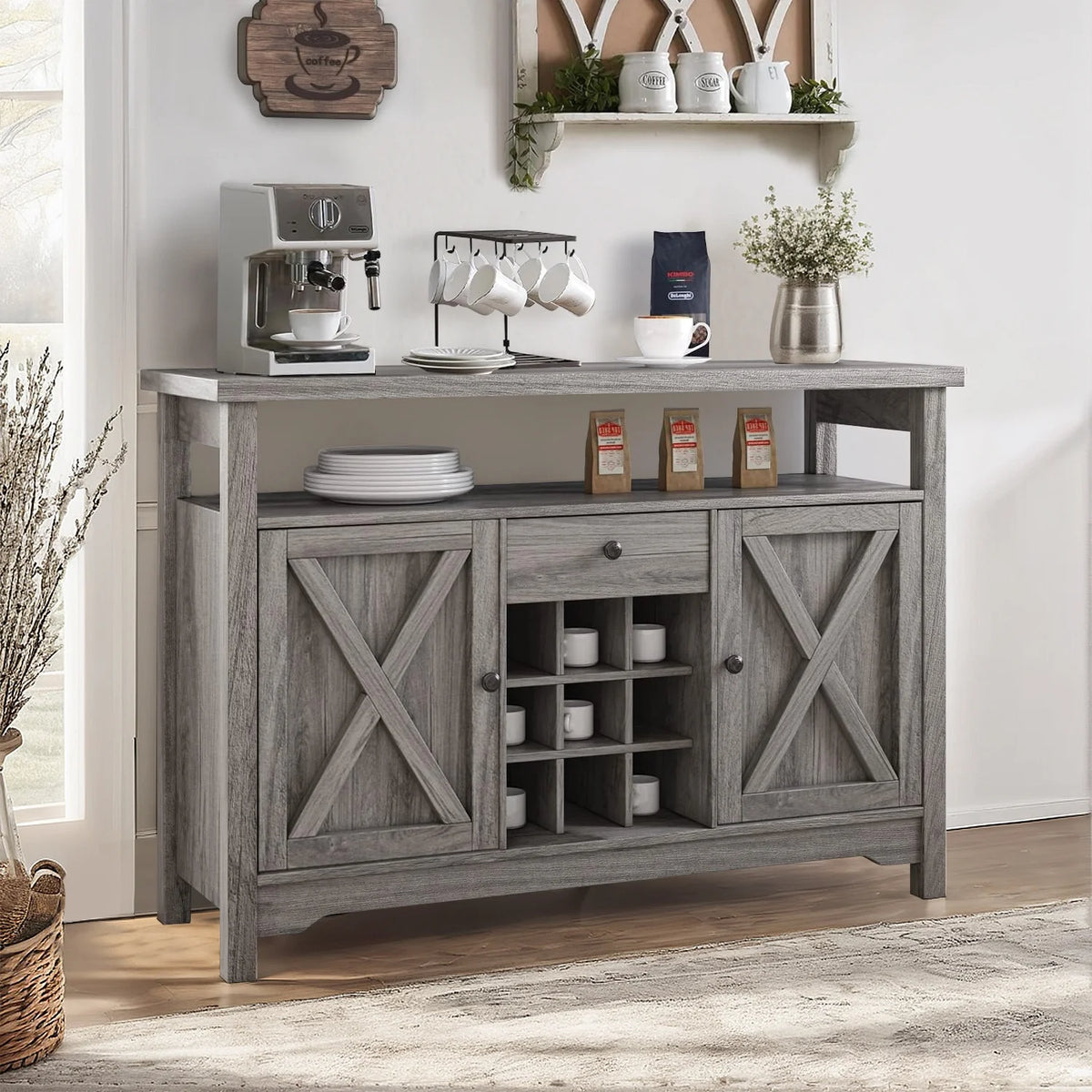 White 47 Kitchen Buffet Storage Cabinet with Barn Door H849