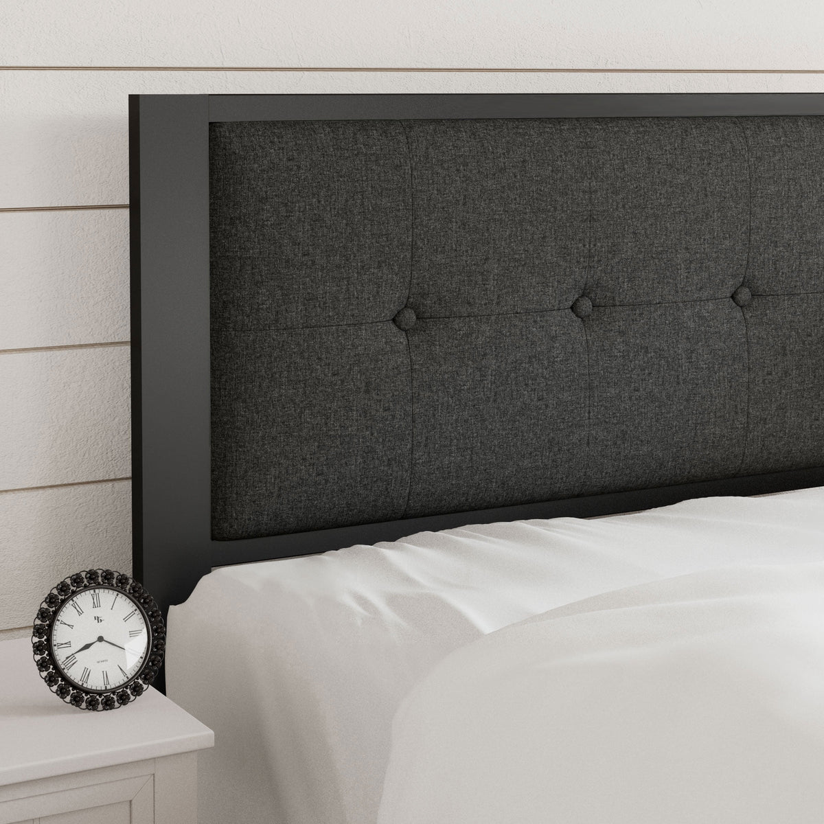Twin Size Dark Grey Metal Platform Bed with Upholstered Headboard F466
