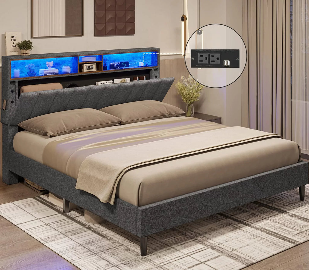 Queen Size LED Bed Frame with Outlet and USB Ports I55929