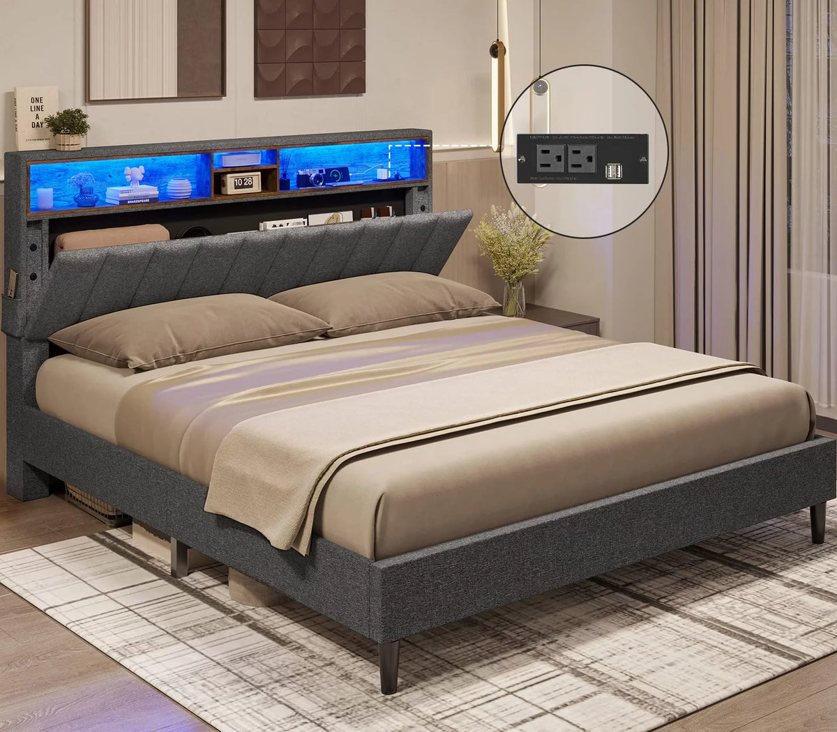 Queen Size LED Bed Frame with Outlet and USB Ports I55929