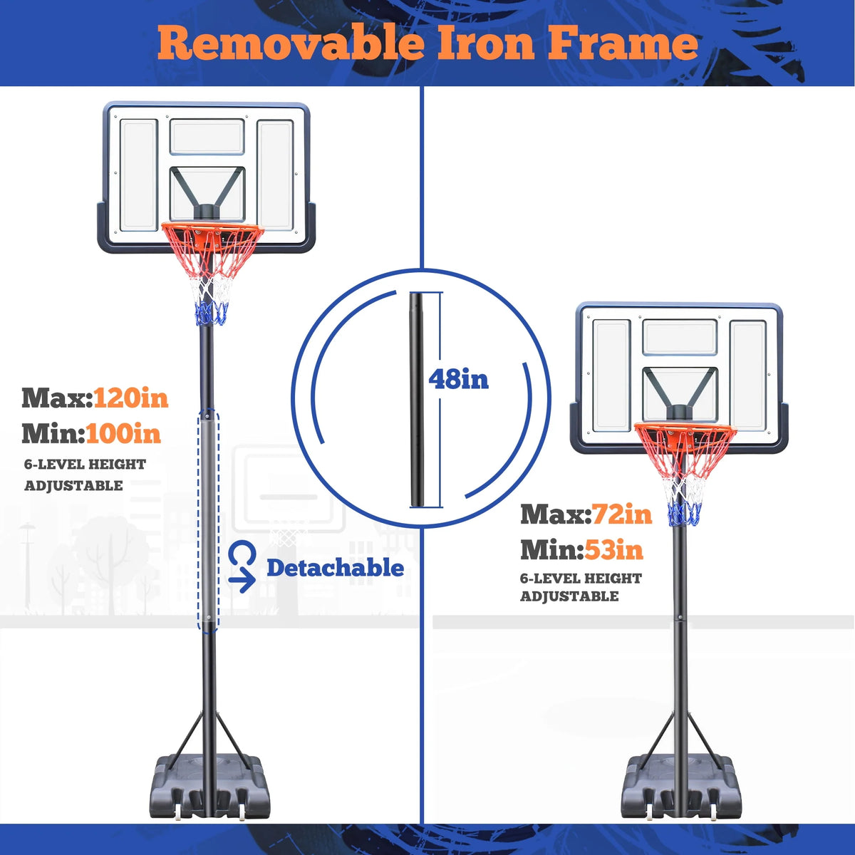 44 Basketball Hoop, 4.4-10ft Height Adjustable Portable Basketball Goal System with Shatterproof PVC Backboard and 18 Rim N448