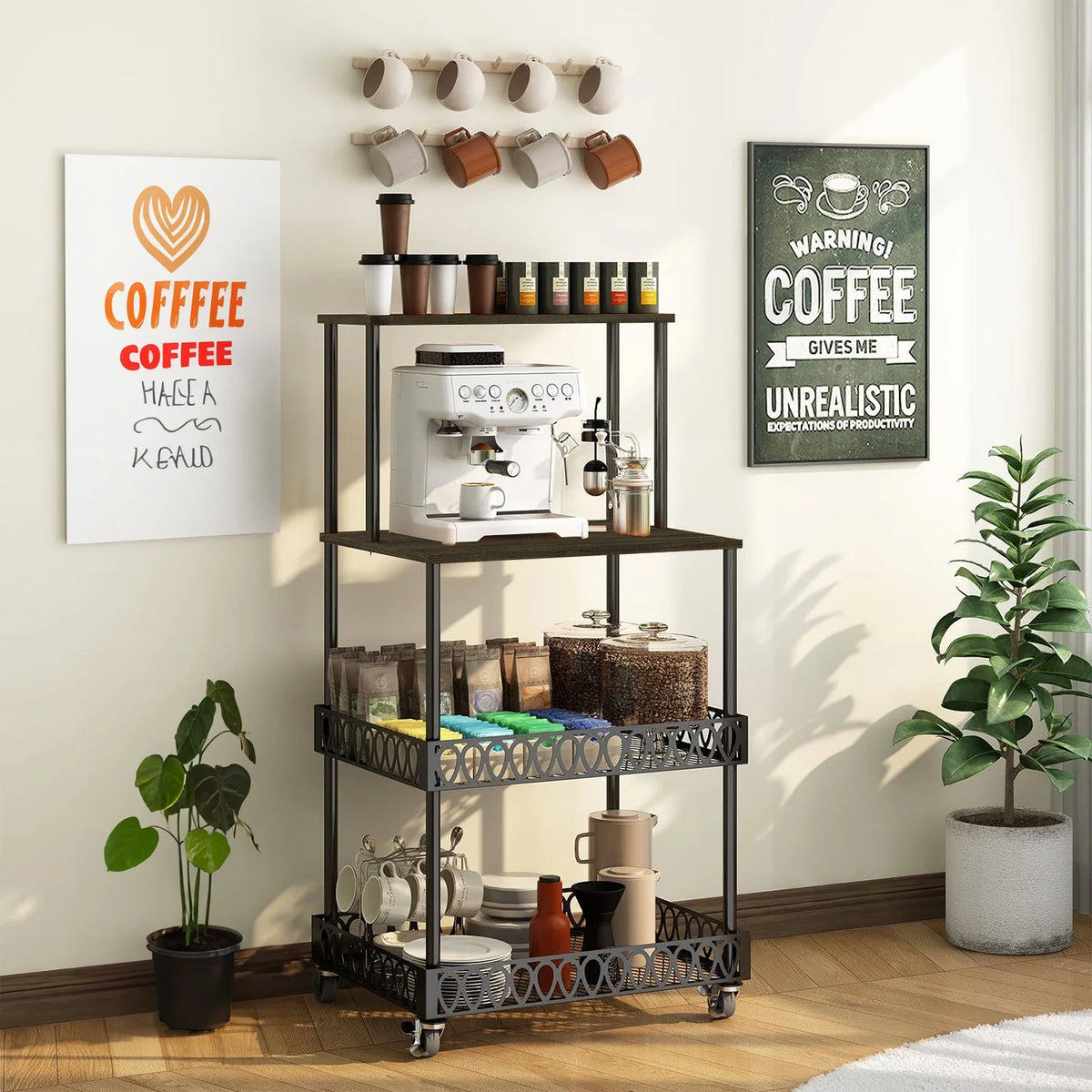 4-Tier Baker's Rack 48 inch Kitchen Storage Organizer with Metal Wheels D3400