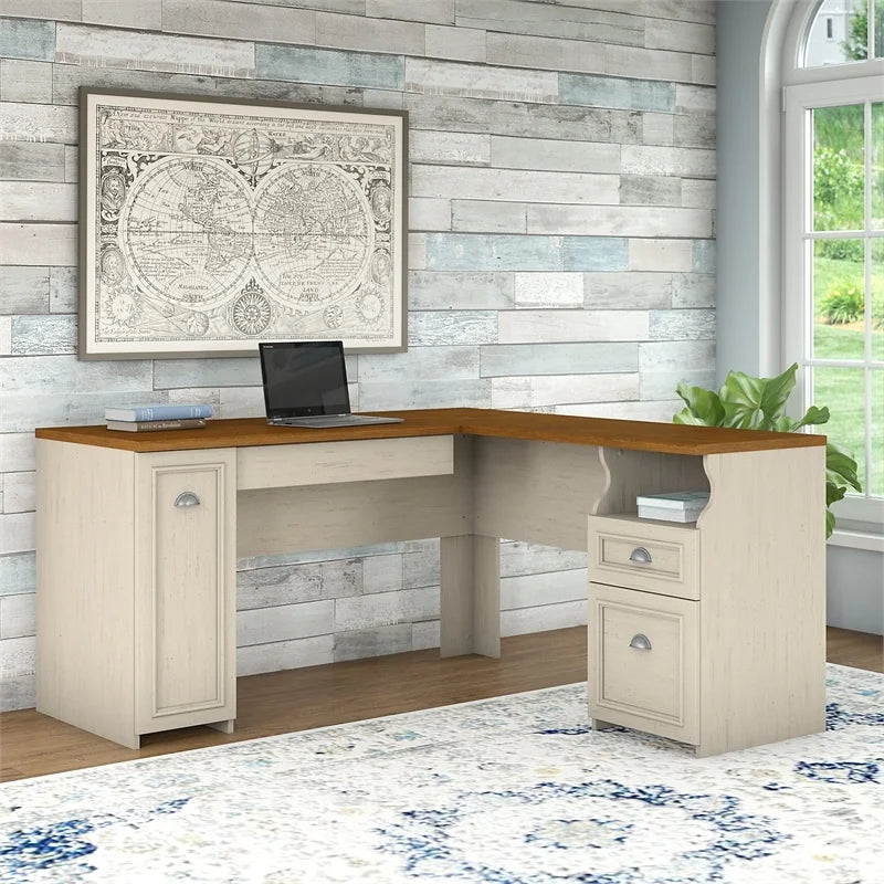 L Shaped Engineered Wood Desk in Antique White J869935