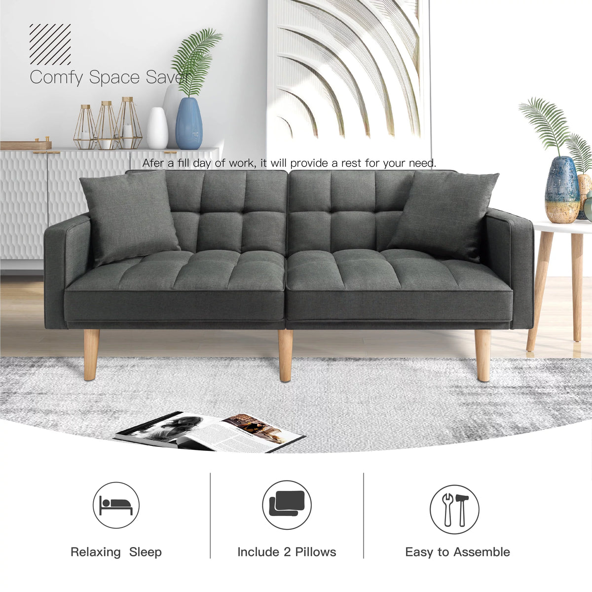 71.3 inch Futon Sofa Bed Convertible Sleeper Couch with 2 Pillows Navy Blue J175319