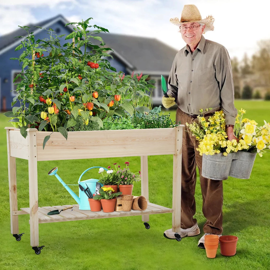 Raised Wood Garden Bed with Wheels and Storage Shelf N205535