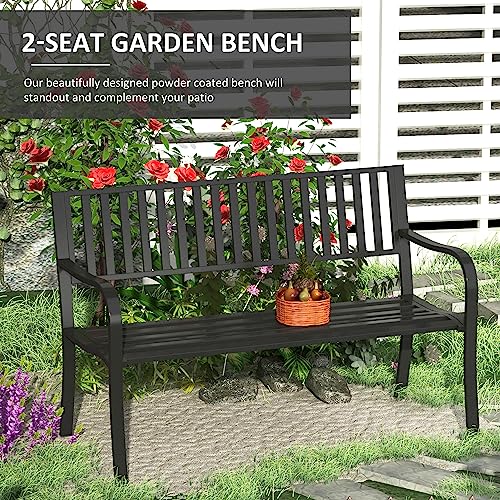 50" Black Metal Outdoor Garden Bench with Slatted Seat P2020