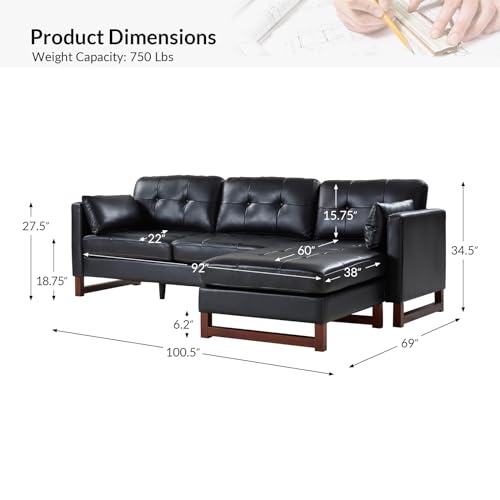 Genuine Leather 100 inch L Shaped 3 Seater Sectional Sofa with Chaise, Brown H931962