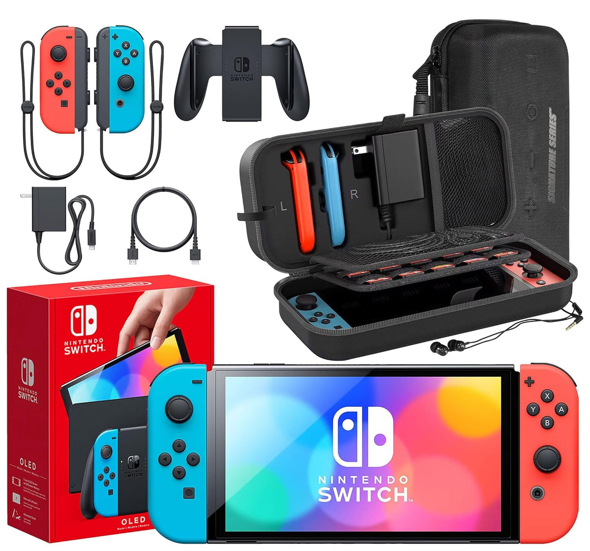 Nintendo Switch OLED Model (Neon Red/Blue) with Extra Joy-Con (Red/Blue), Dock, Joy-Con Grips and Straps, Portable Case and Earphones Z255515